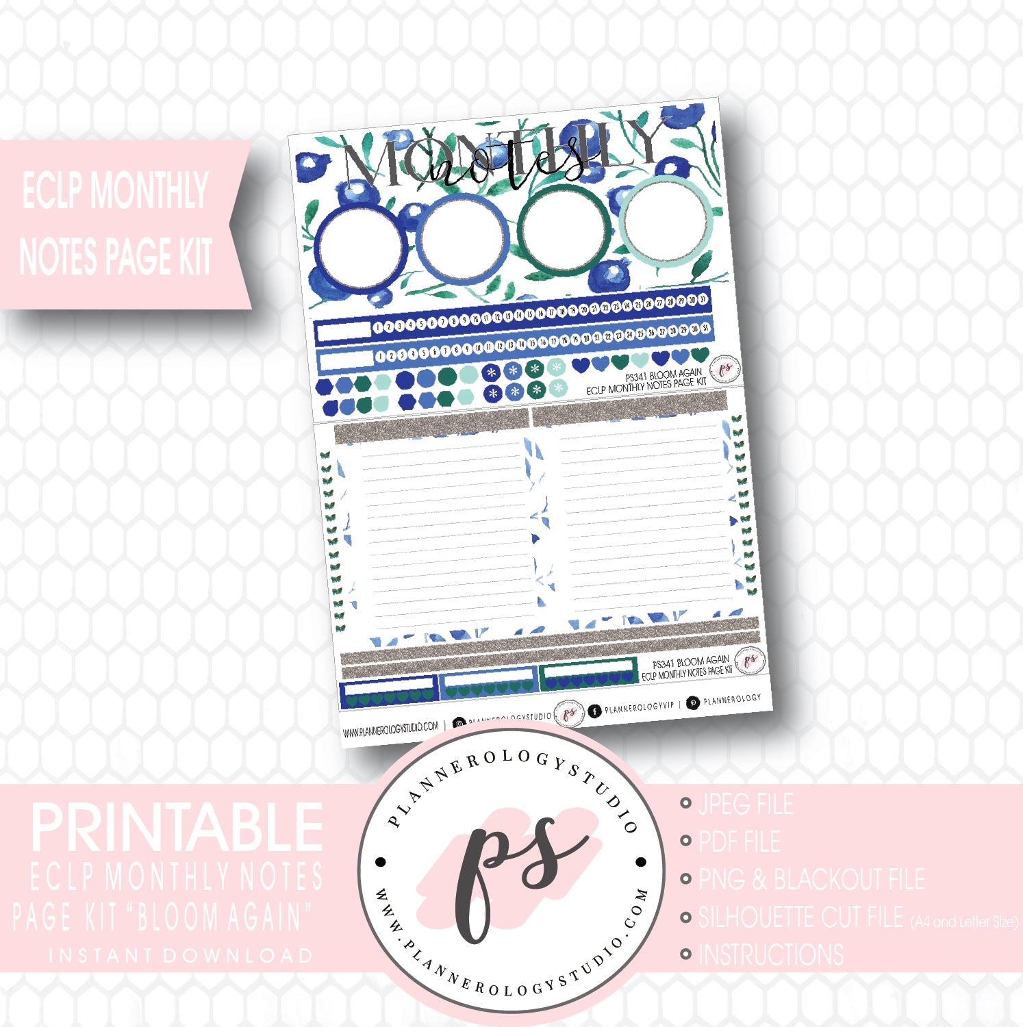 Bloom Again Monthly Notes Page Kit Digital Printable Planner Stickers (for use with ECLP) - Plannerologystudio