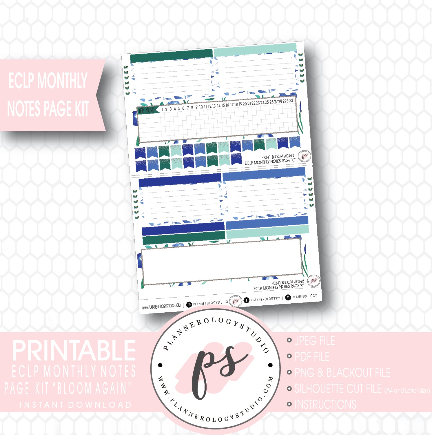 Bloom Again Monthly Notes Page Kit Digital Printable Planner Stickers (for use with ECLP) - Plannerologystudio