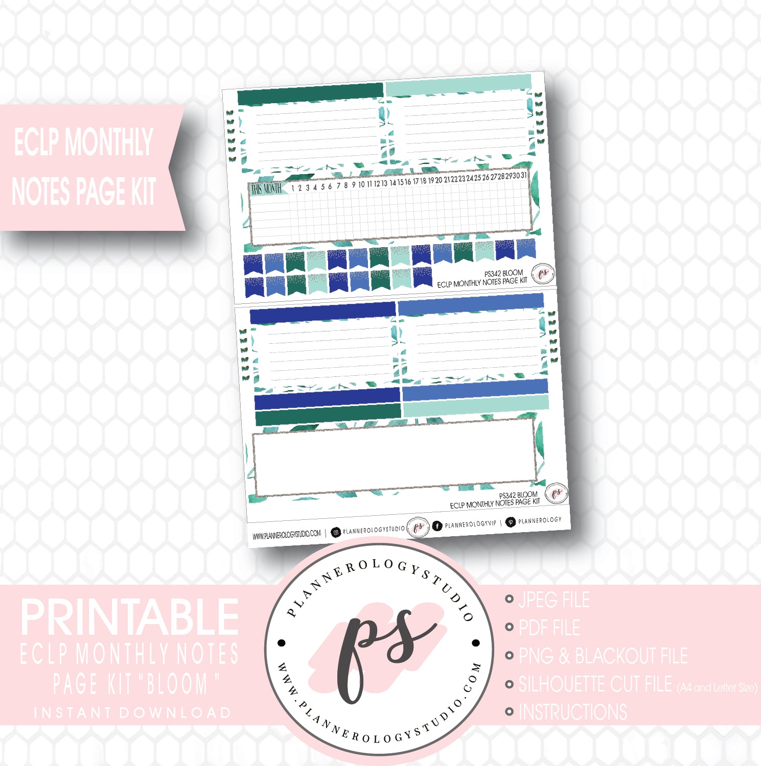 Bloom Monthly Notes Page Kit Digital Printable Planner Stickers (for use with ECLP) - Plannerologystudio