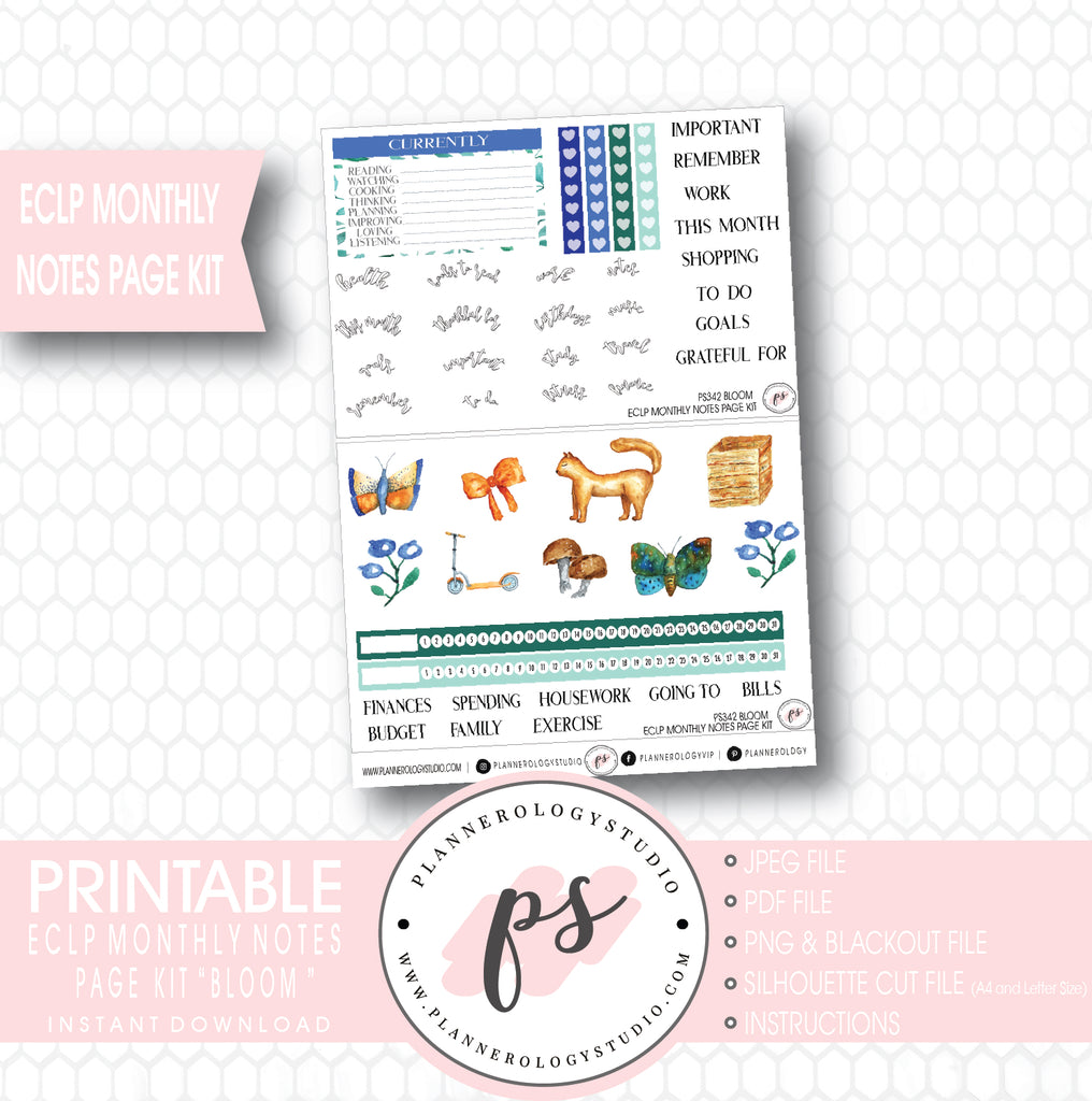 Bloom Monthly Notes Page Kit Digital Printable Planner Stickers (for use with ECLP) - Plannerologystudio