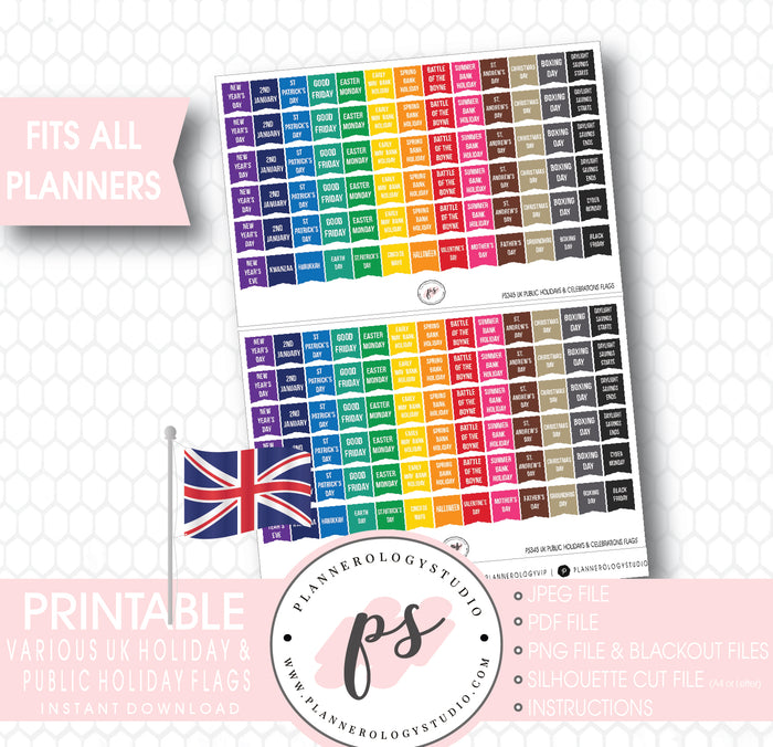 UK Public Holidays & Celebrations Rainbow Flags Digital Printable Planner Stickers - Plannerologystudio