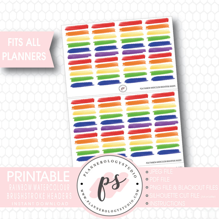 Rainbow Watercolour Brushstroke Headers Digital Printable Planner Stickers - Plannerologystudio