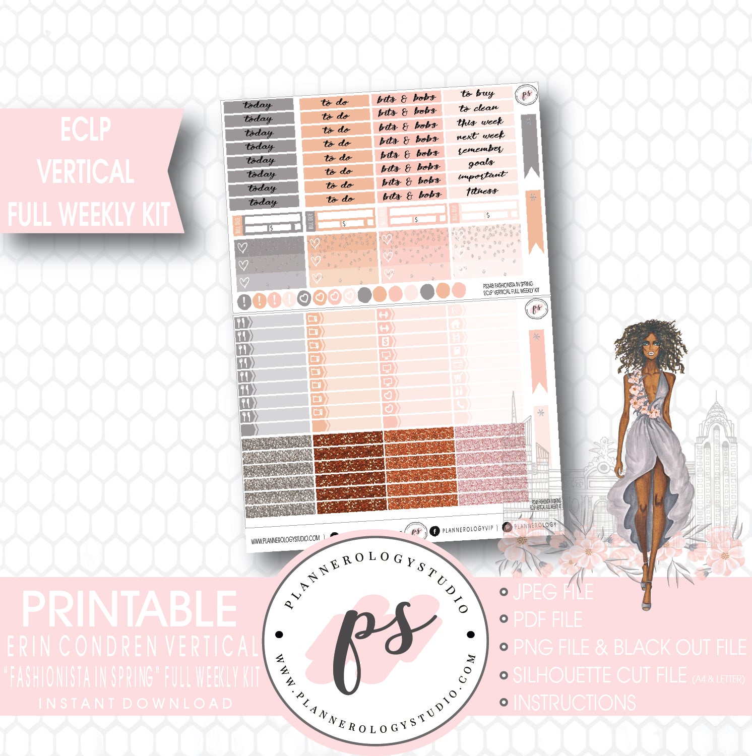 Fashionista in Spring Full Weekly Kit Printable Planner Stickers (for use with ECLP Vertical) - Plannerologystudio
