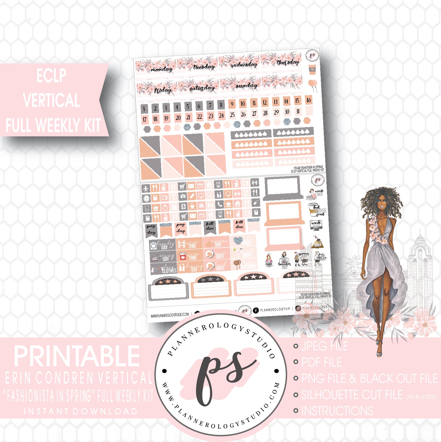 Fashionista in Spring Full Weekly Kit Printable Planner Stickers (for use with ECLP Vertical) - Plannerologystudio