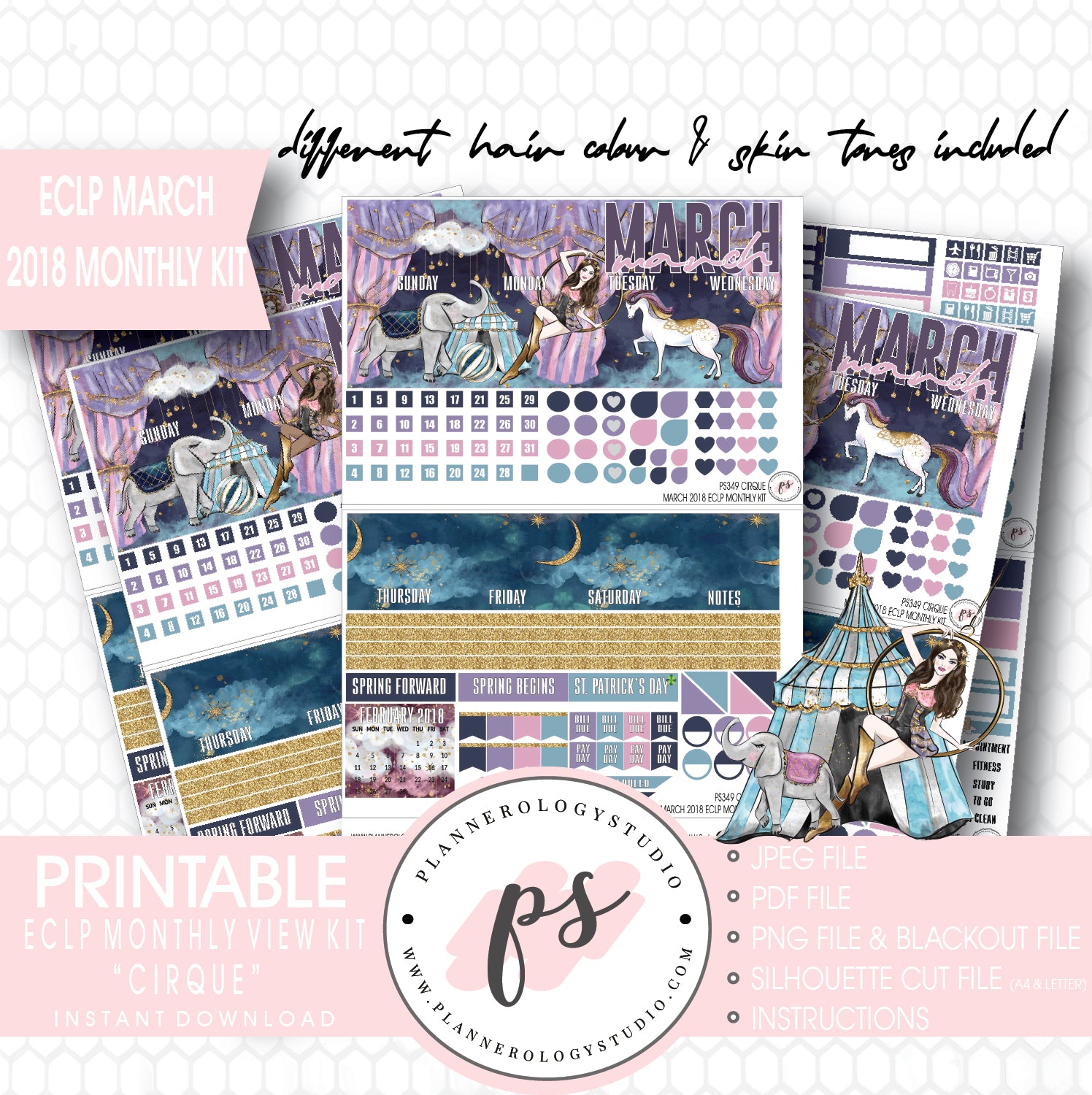 Cirque March 2018 Monthly View Kit Digital Printable Planner Stickers (for use with Erin Condren) - Plannerologystudio