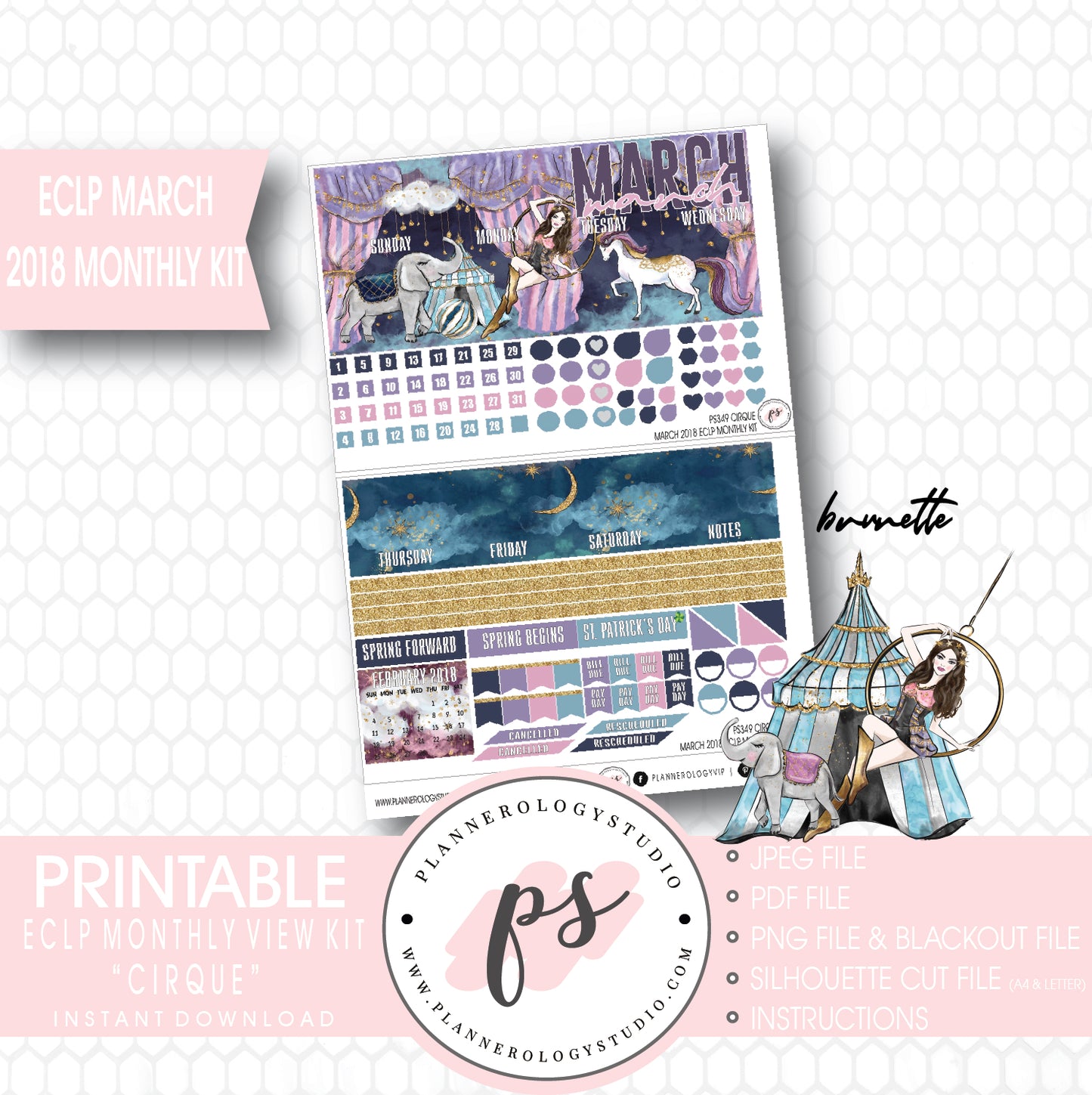 Cirque March 2018 Monthly View Kit Digital Printable Planner Stickers (for use with Erin Condren) - Plannerologystudio