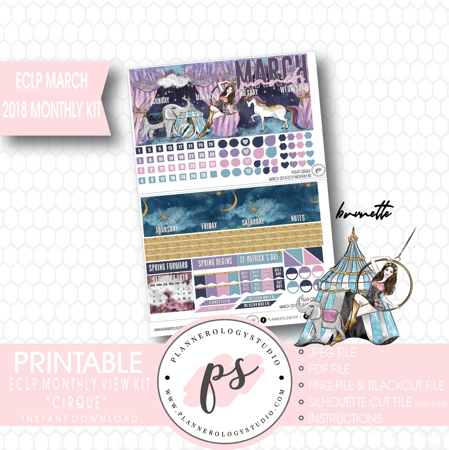 Cirque March 2018 Monthly View Kit Digital Printable Planner Stickers (for use with Erin Condren) - Plannerologystudio