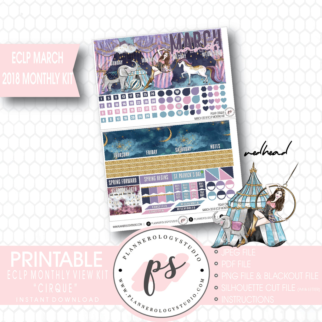 Cirque March 2018 Monthly View Kit Digital Printable Planner Stickers (for use with Erin Condren) - Plannerologystudio