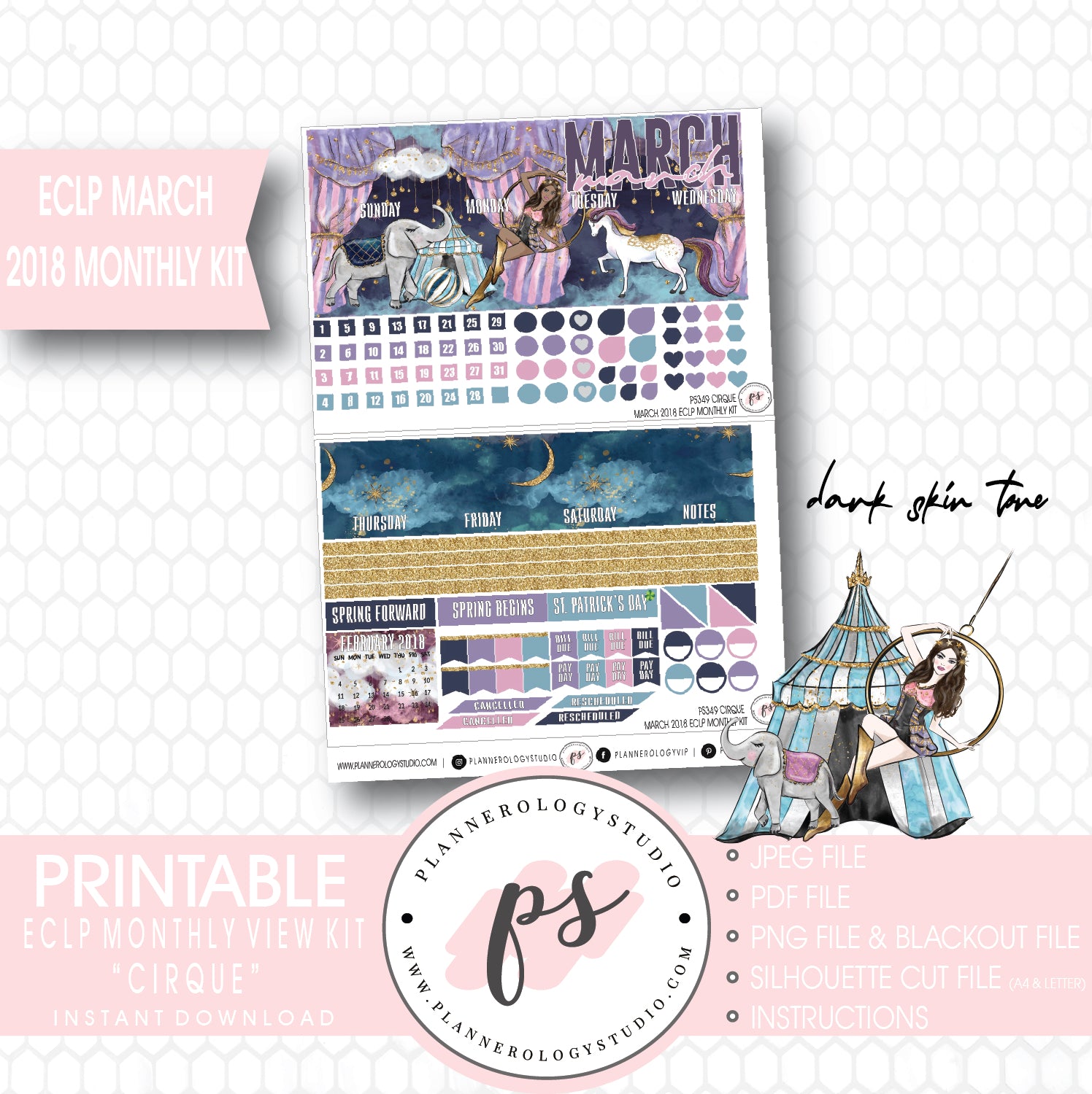 Cirque March 2018 Monthly View Kit Digital Printable Planner Stickers (for use with Erin Condren) - Plannerologystudio