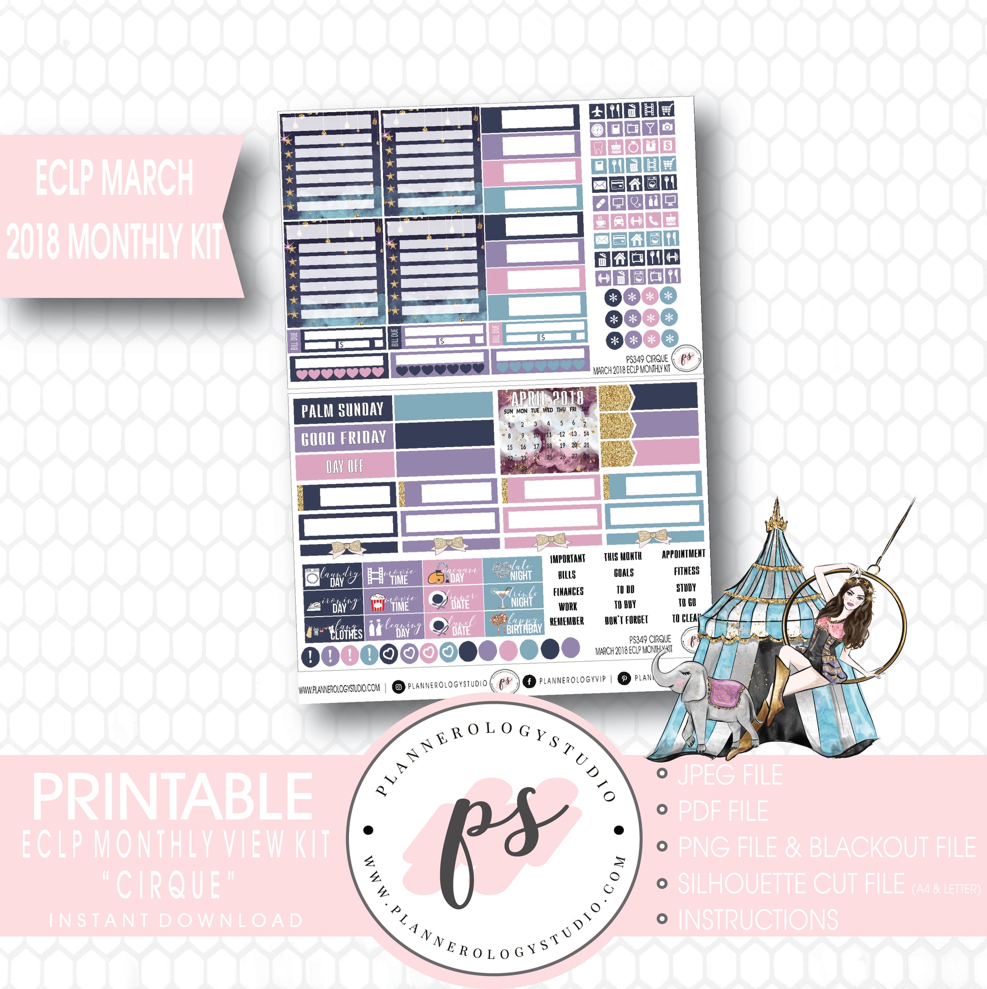 Cirque March 2018 Monthly View Kit Digital Printable Planner Stickers (for use with Erin Condren) - Plannerologystudio