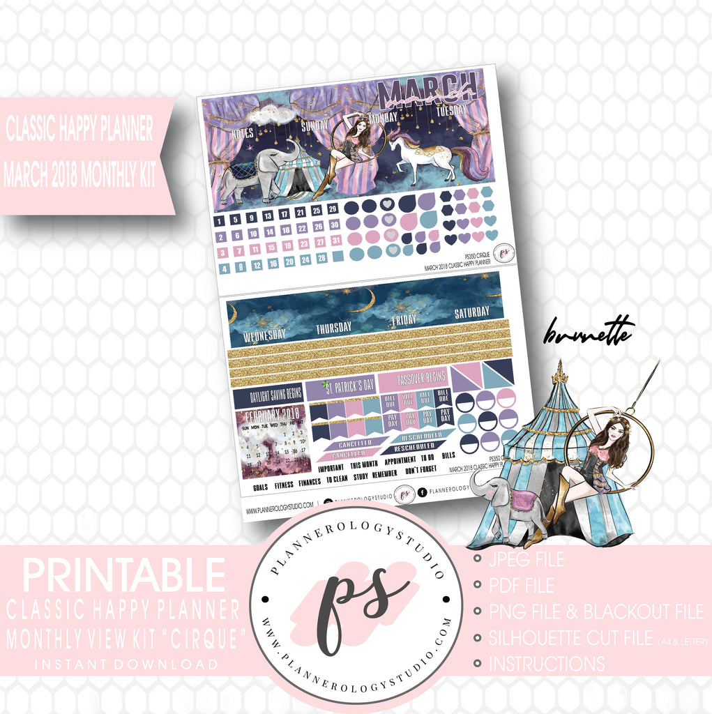 Cirque March 2018 Monthly View Kit Digital Printable Planner Stickers (for use with Classic Happy Planner) - Plannerologystudio