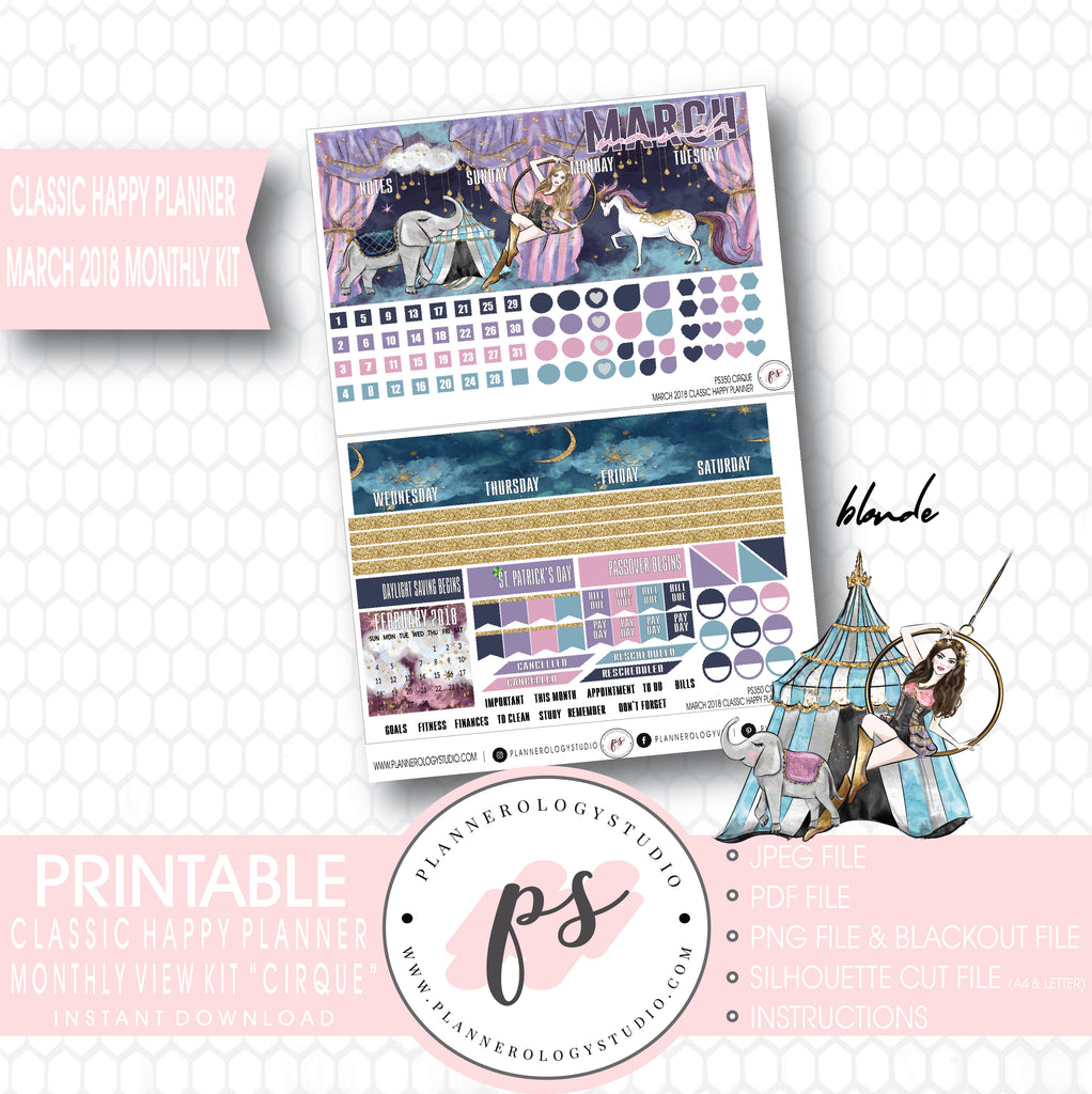 Cirque March 2018 Monthly View Kit Digital Printable Planner Stickers (for use with Classic Happy Planner) - Plannerologystudio
