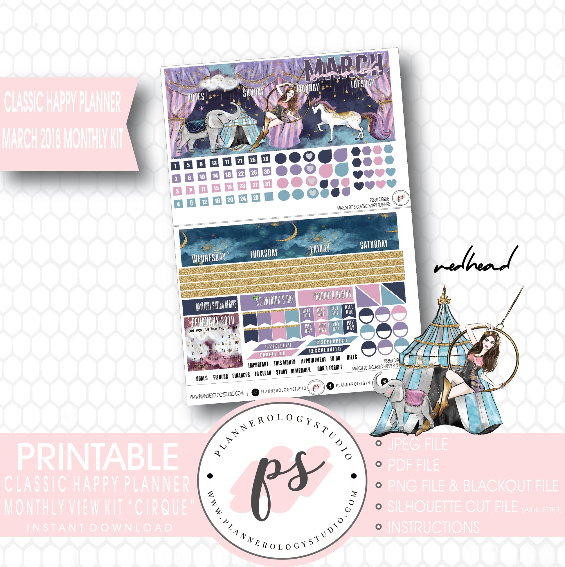 Cirque March 2018 Monthly View Kit Digital Printable Planner Stickers (for use with Classic Happy Planner) - Plannerologystudio