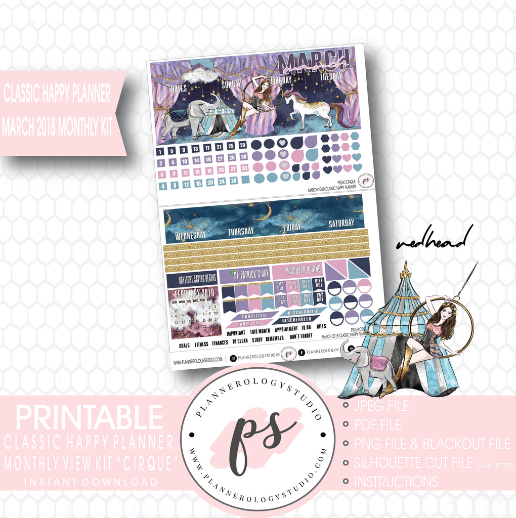 Cirque March 2018 Monthly View Kit Digital Printable Planner Stickers (for use with Classic Happy Planner) - Plannerologystudio