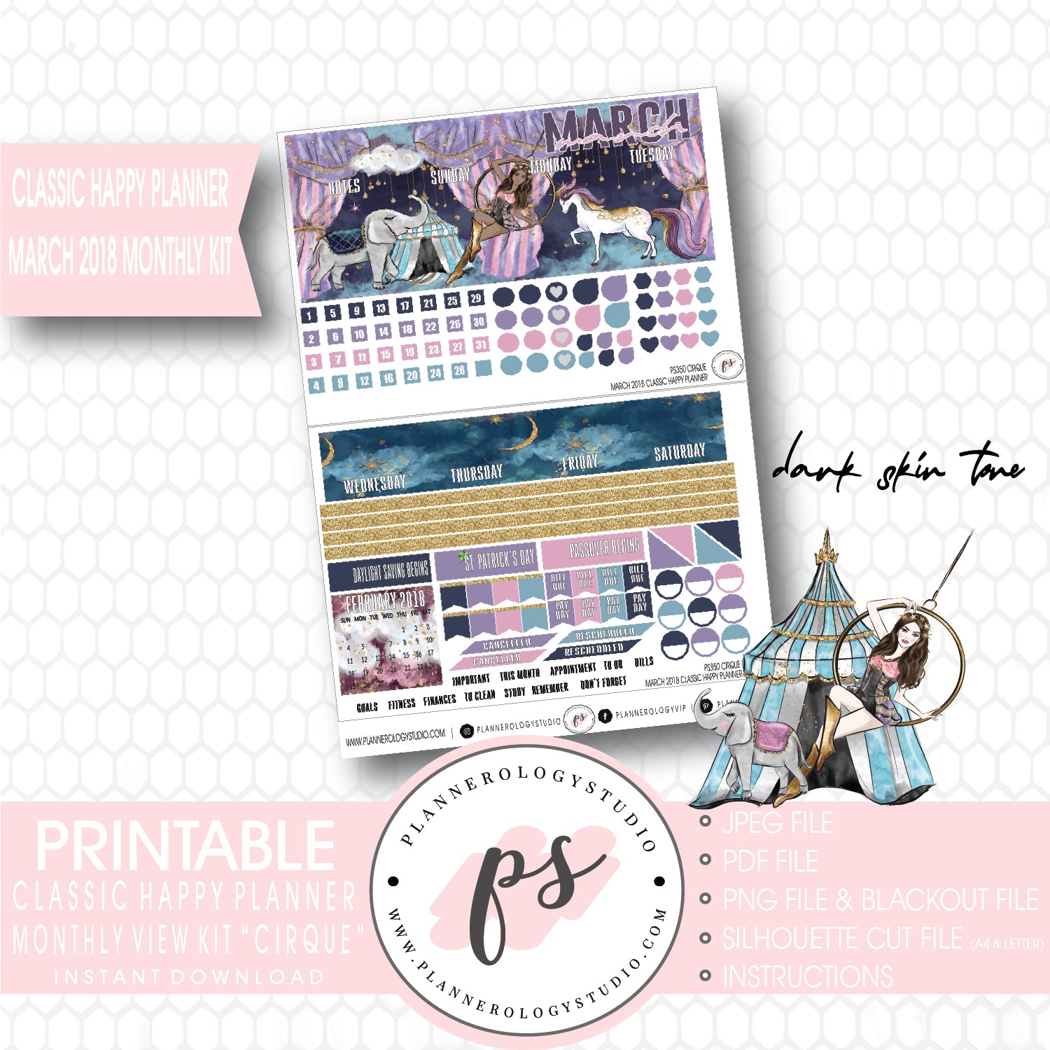 Cirque March 2018 Monthly View Kit Digital Printable Planner Stickers (for use with Classic Happy Planner) - Plannerologystudio