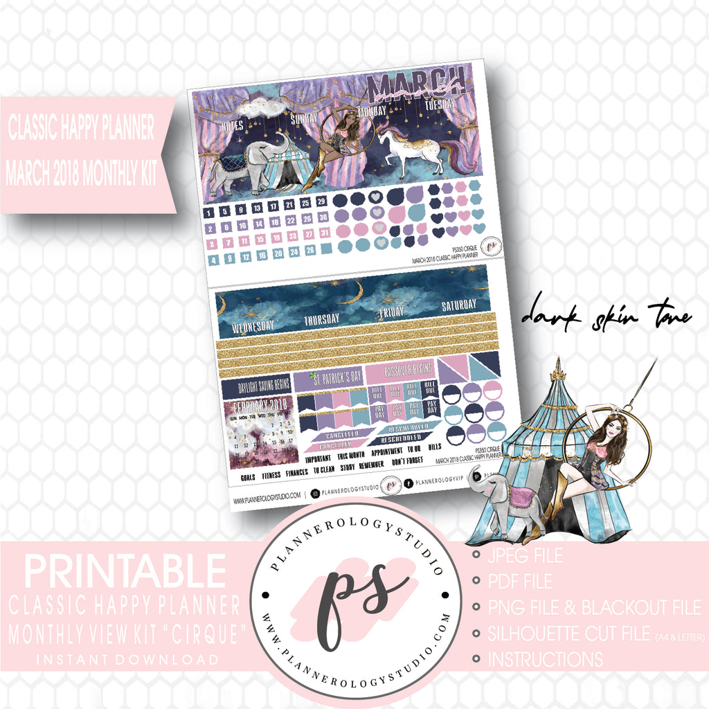 Cirque March 2018 Monthly View Kit Digital Printable Planner Stickers (for use with Classic Happy Planner) - Plannerologystudio