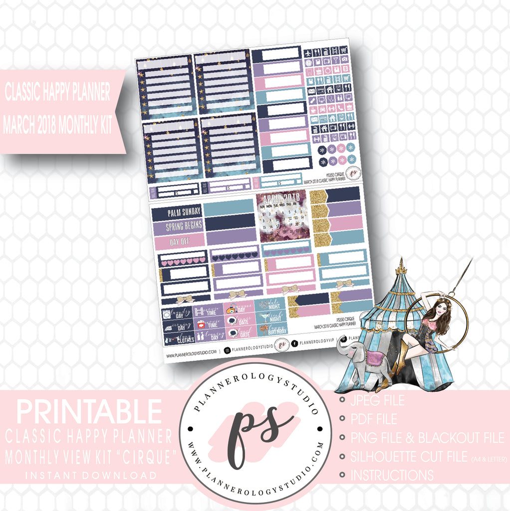 Cirque March 2018 Monthly View Kit Digital Printable Planner Stickers (for use with Classic Happy Planner) - Plannerologystudio