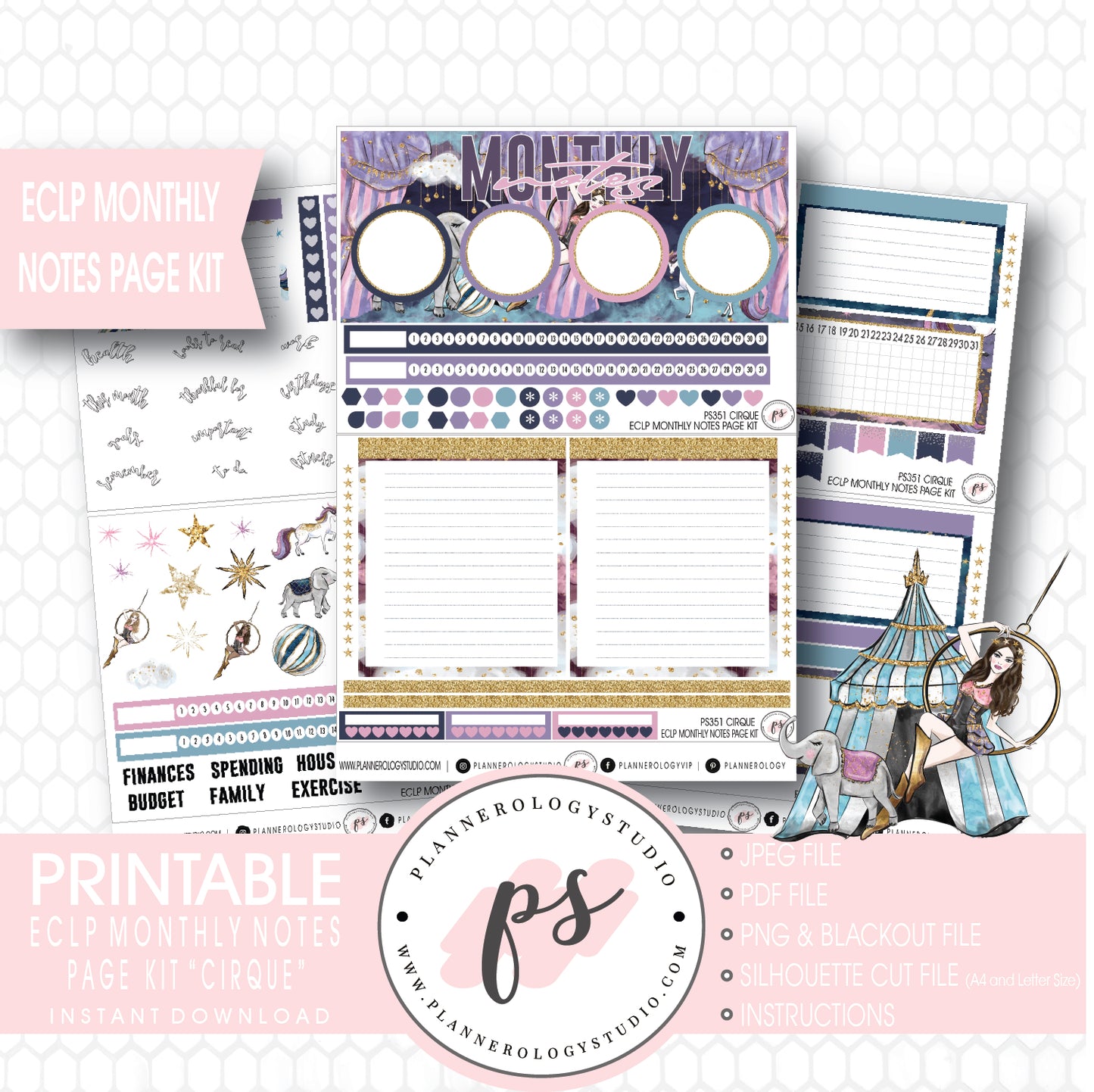 Cirque Monthly Notes Page Kit Digital Printable Planner Stickers (for use with ECLP) - Plannerologystudio