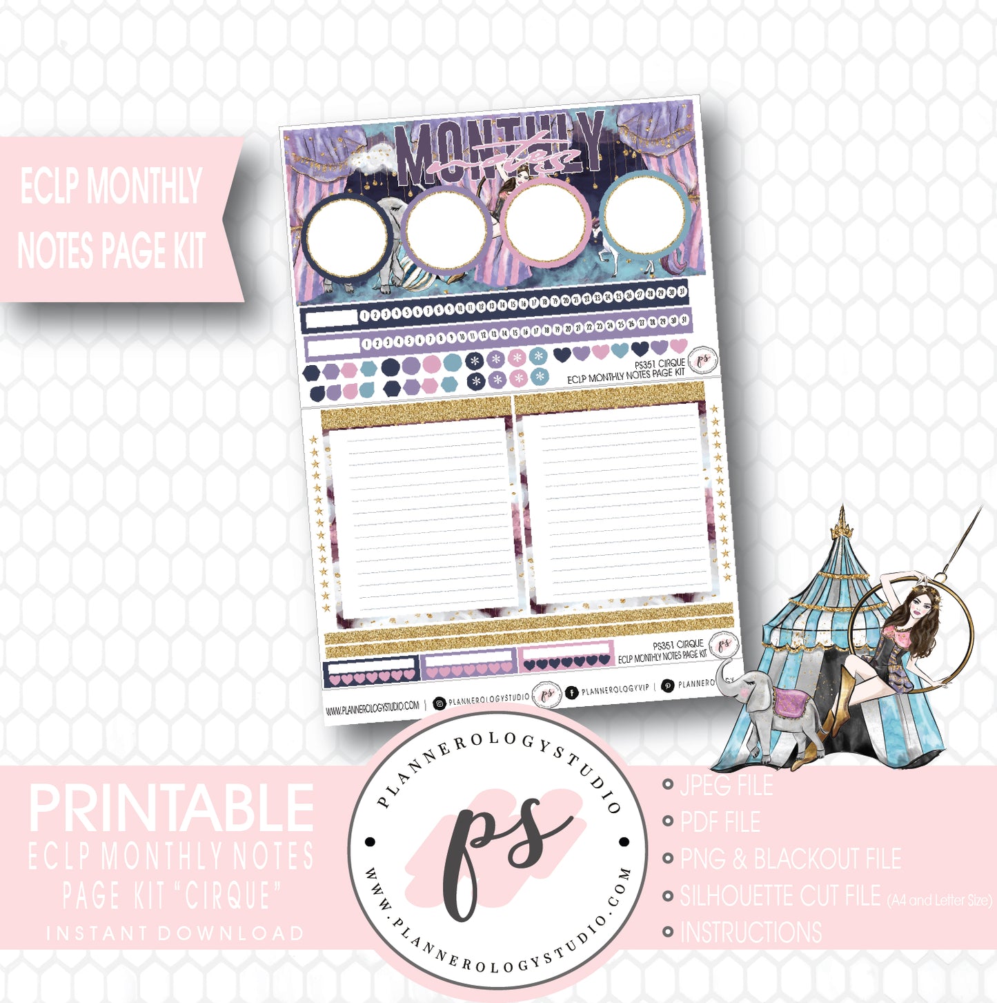 Cirque Monthly Notes Page Kit Digital Printable Planner Stickers (for use with ECLP) - Plannerologystudio