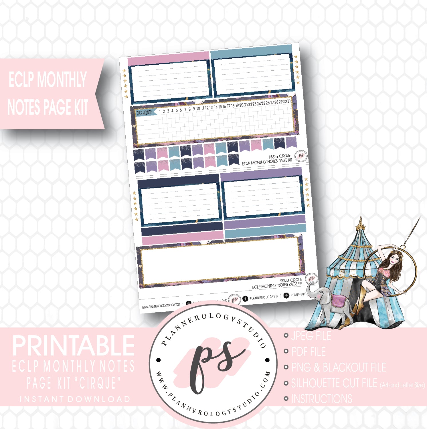 Cirque Monthly Notes Page Kit Digital Printable Planner Stickers (for use with ECLP) - Plannerologystudio