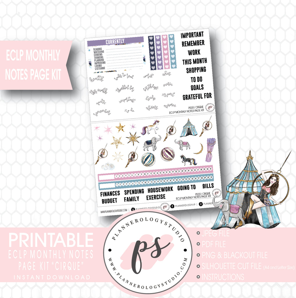 Cirque Monthly Notes Page Kit Digital Printable Planner Stickers (for use with ECLP) - Plannerologystudio