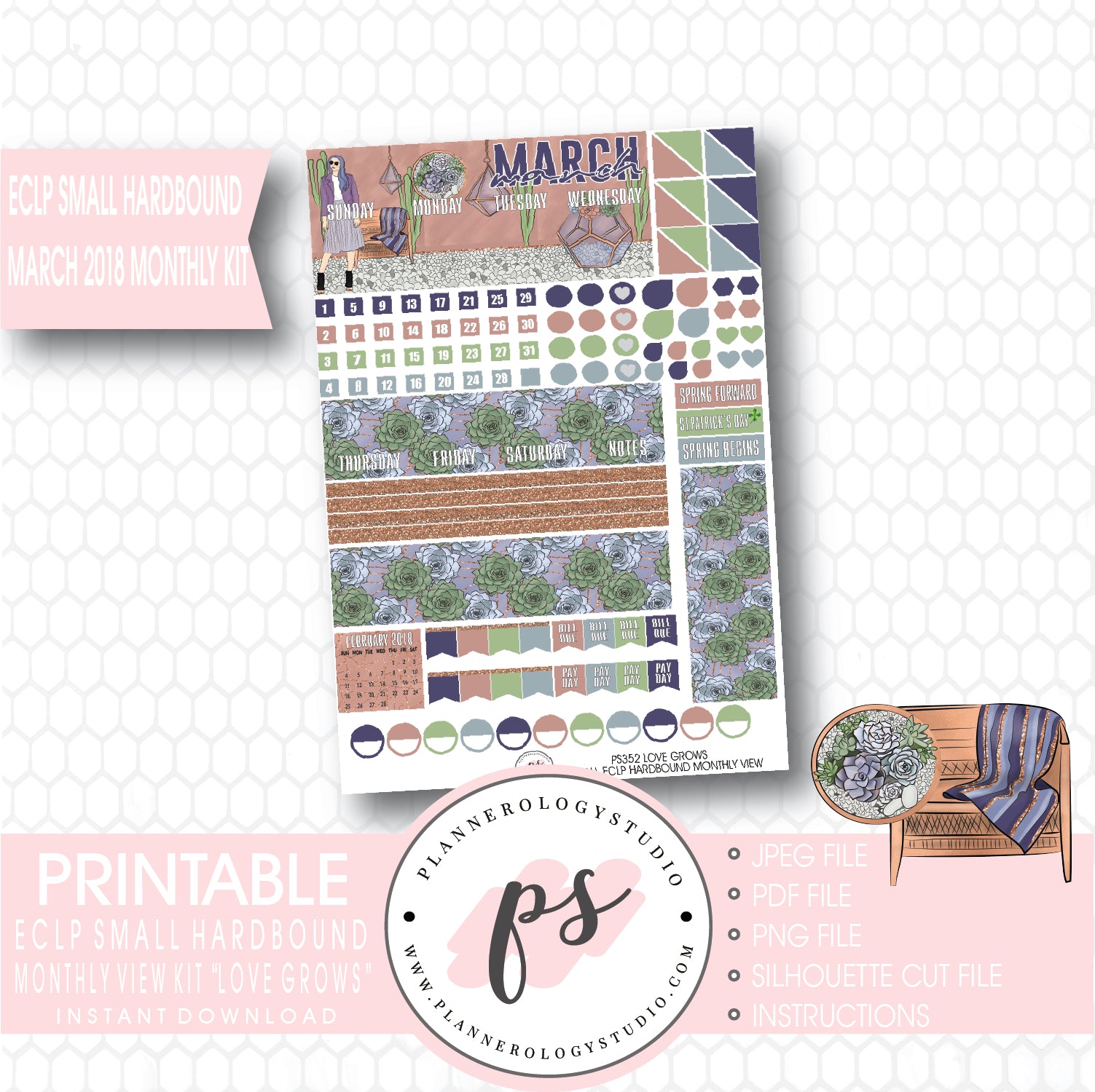 Love Grows March 2018 Monthly View Kit Printable Planner Stickers (for use with ECLP Small Hardbound) - Plannerologystudio