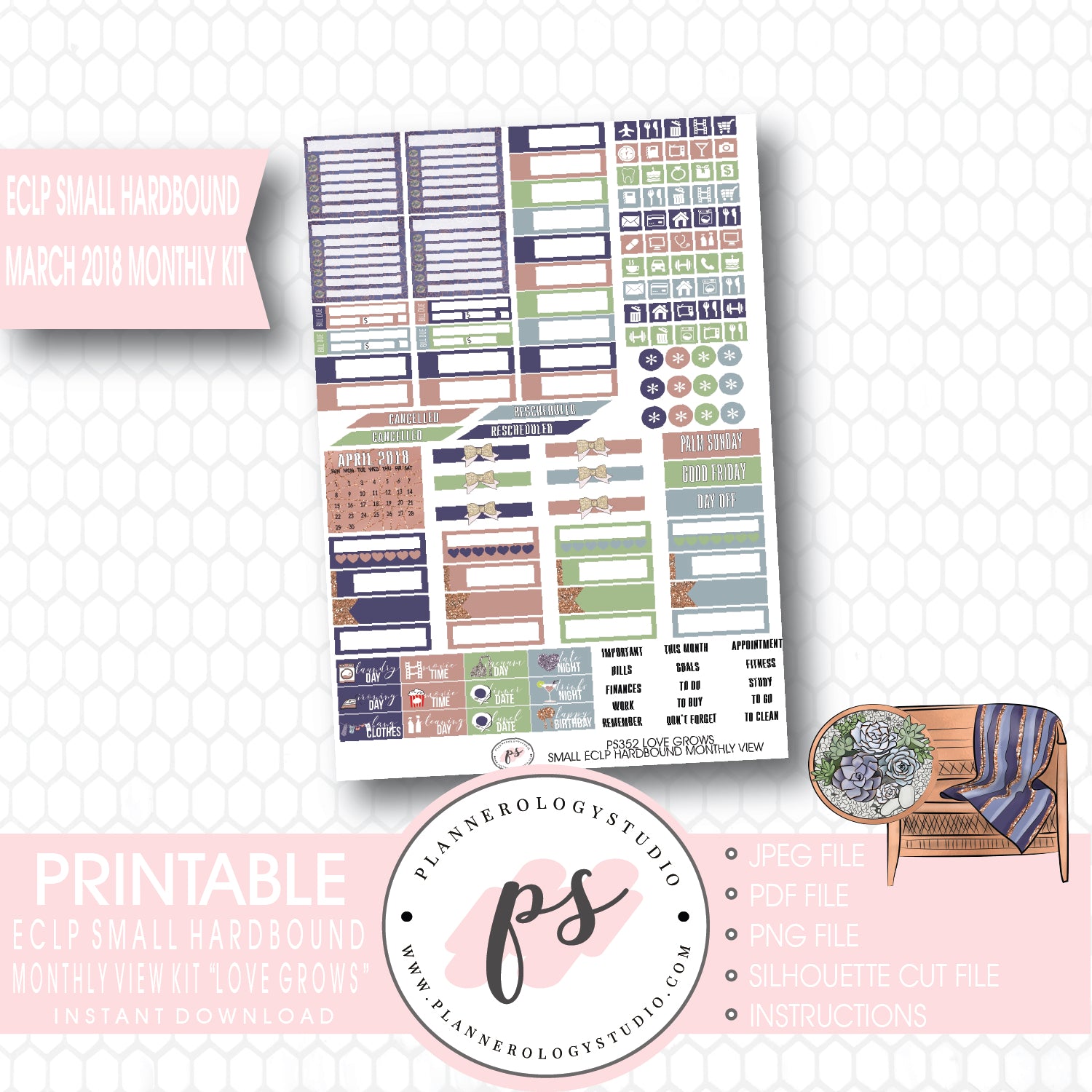 Love Grows March 2018 Monthly View Kit Printable Planner Stickers (for use with ECLP Small Hardbound) - Plannerologystudio
