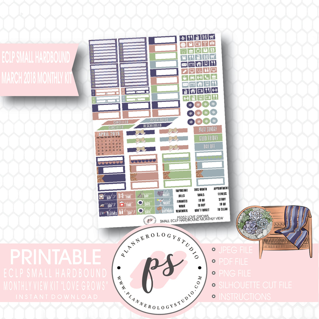 Love Grows March 2018 Monthly View Kit Printable Planner Stickers (for use with ECLP Small Hardbound) - Plannerologystudio