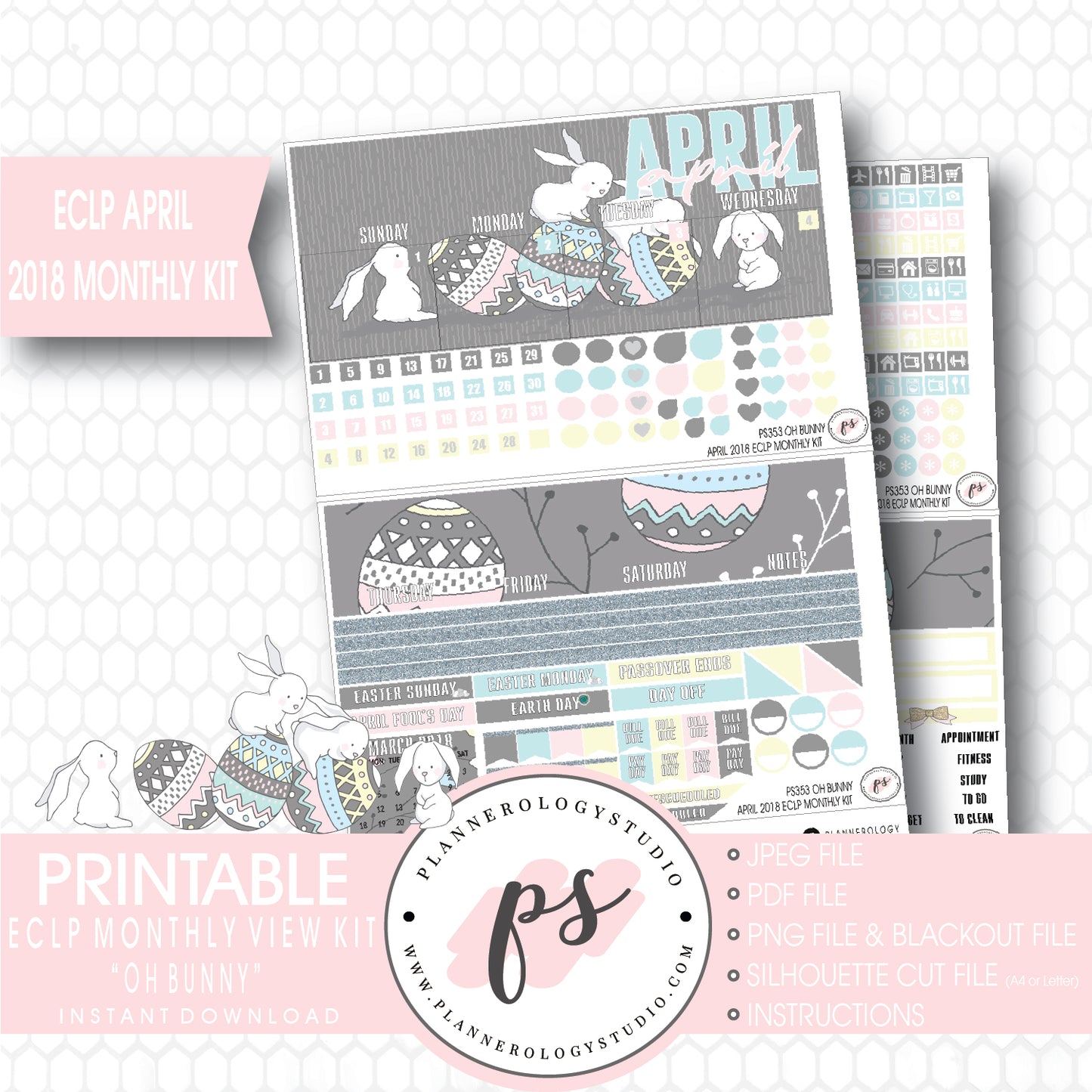 Oh Bunny April Easter 2018 Monthly View Kit Digital Printable Planner Stickers (for use with Erin Condren) - Plannerologystudio