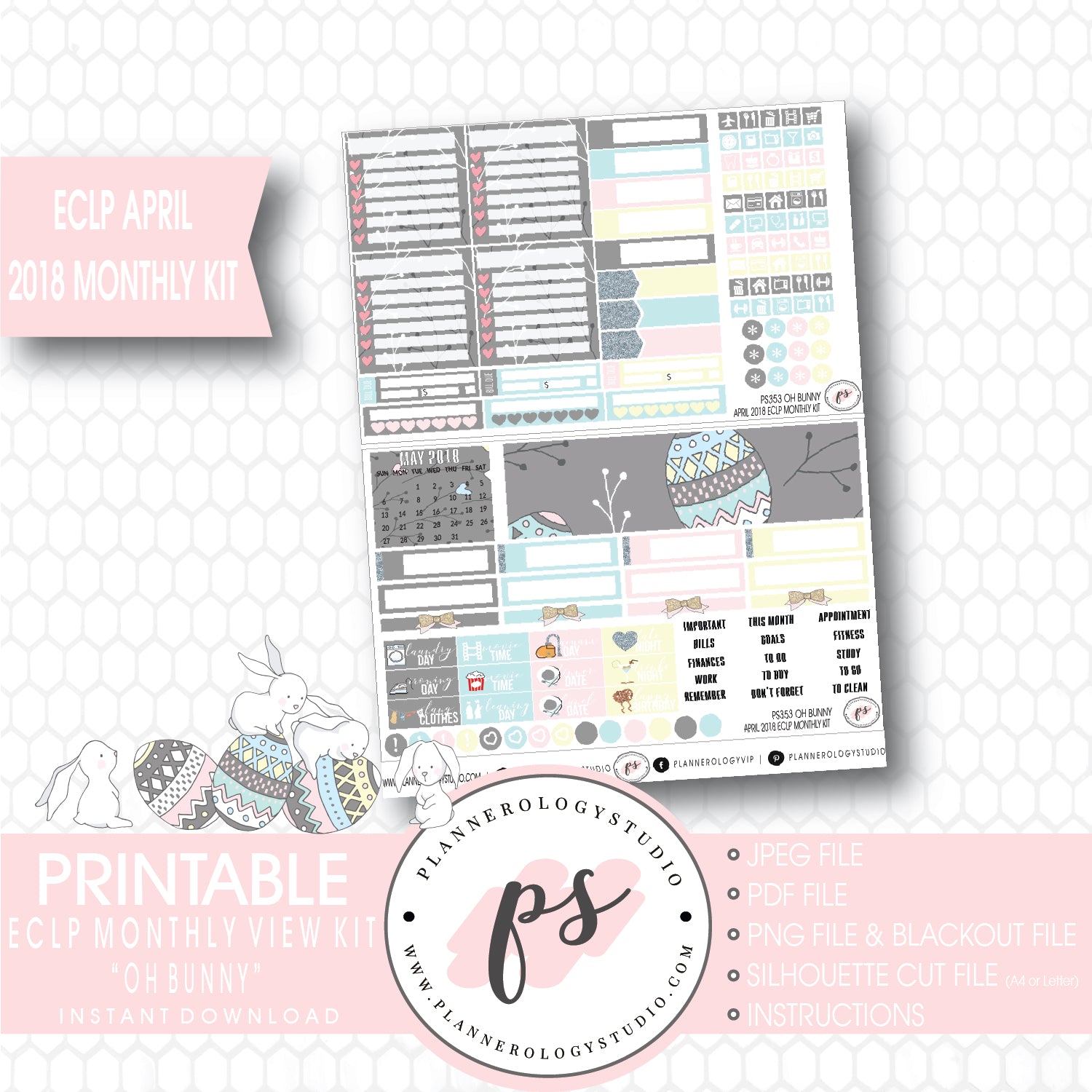 Oh Bunny April Easter 2018 Monthly View Kit Digital Printable Planner Stickers (for use with Erin Condren) - Plannerologystudio