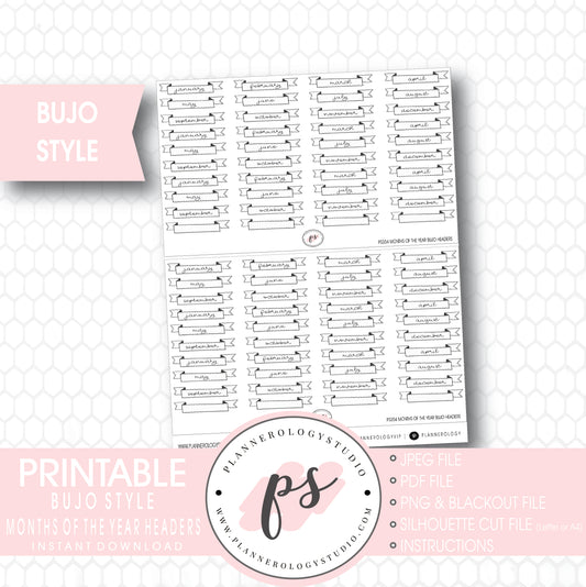 Months of the Year Headers Bujo Bullet Journal Style Digital Printable Planner Stickers - Plannerologystudio