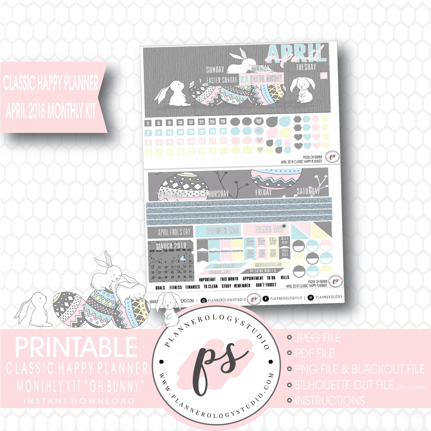 Oh Bunny April Easter 2018 Monthly View Kit Digital Printable Planner Stickers (for use with Classic Happy Planner) - Plannerologystudio