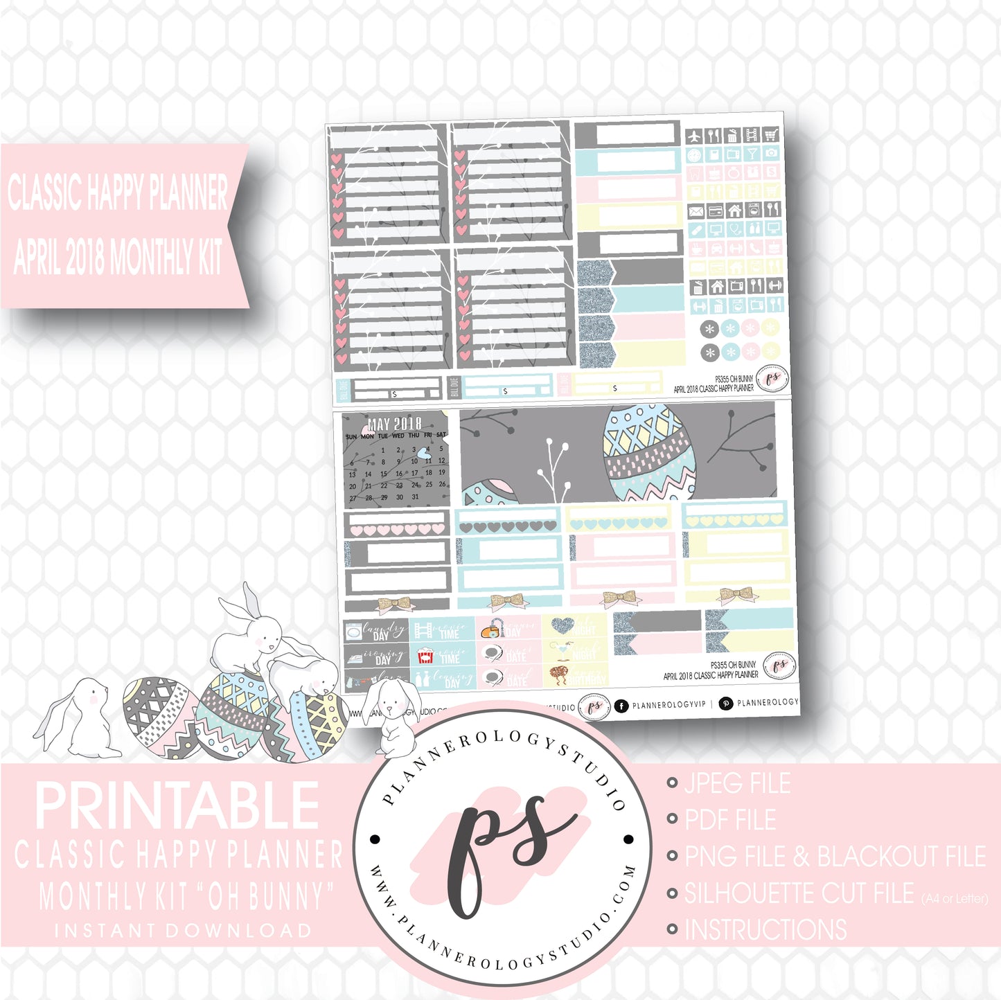 Oh Bunny April Easter 2018 Monthly View Kit Digital Printable Planner Stickers (for use with Classic Happy Planner) - Plannerologystudio