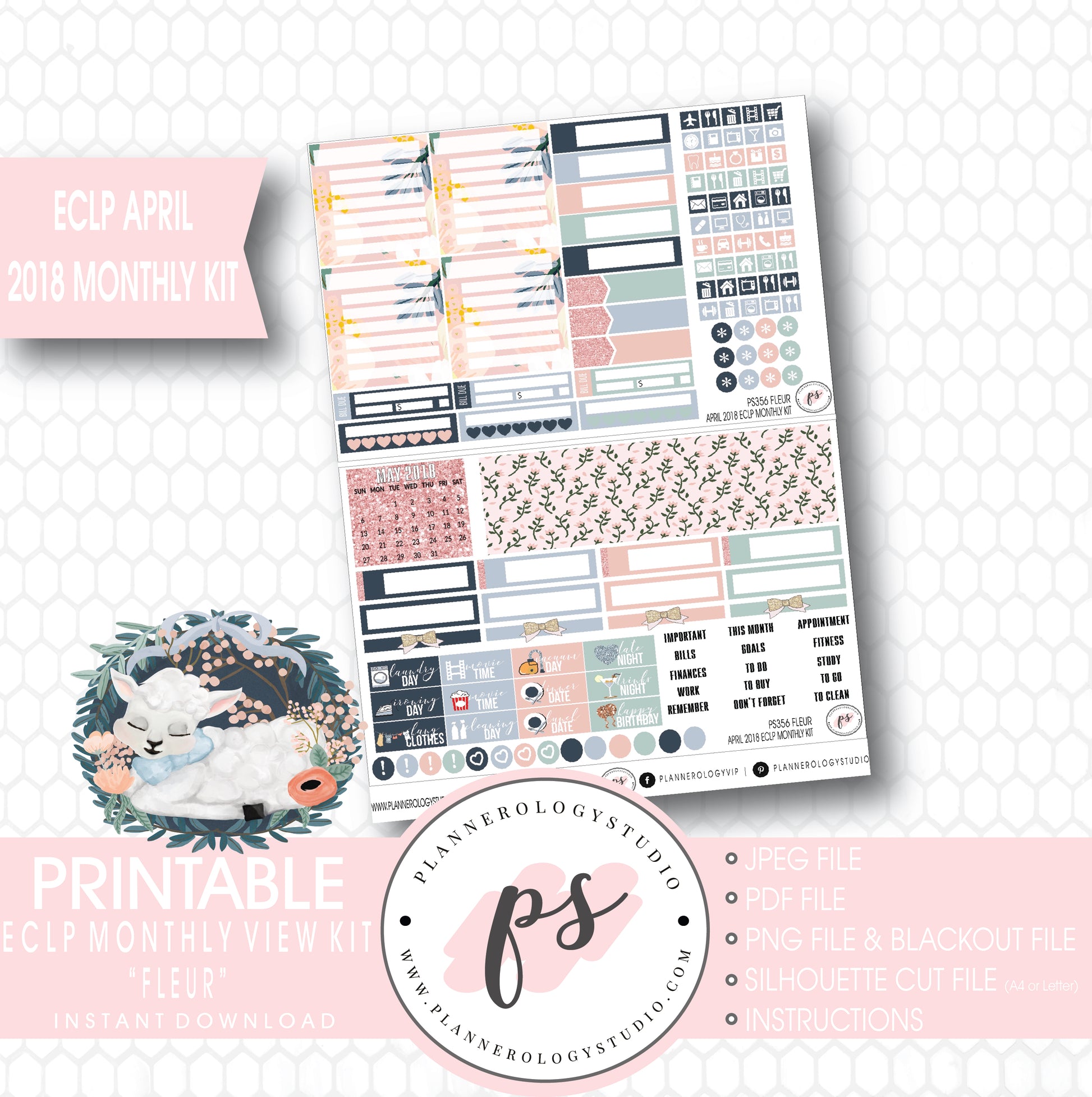 Fleur April Easter 2018 Monthly View Kit Digital Printable Planner Stickers (for use with Erin Condren) - Plannerologystudio
