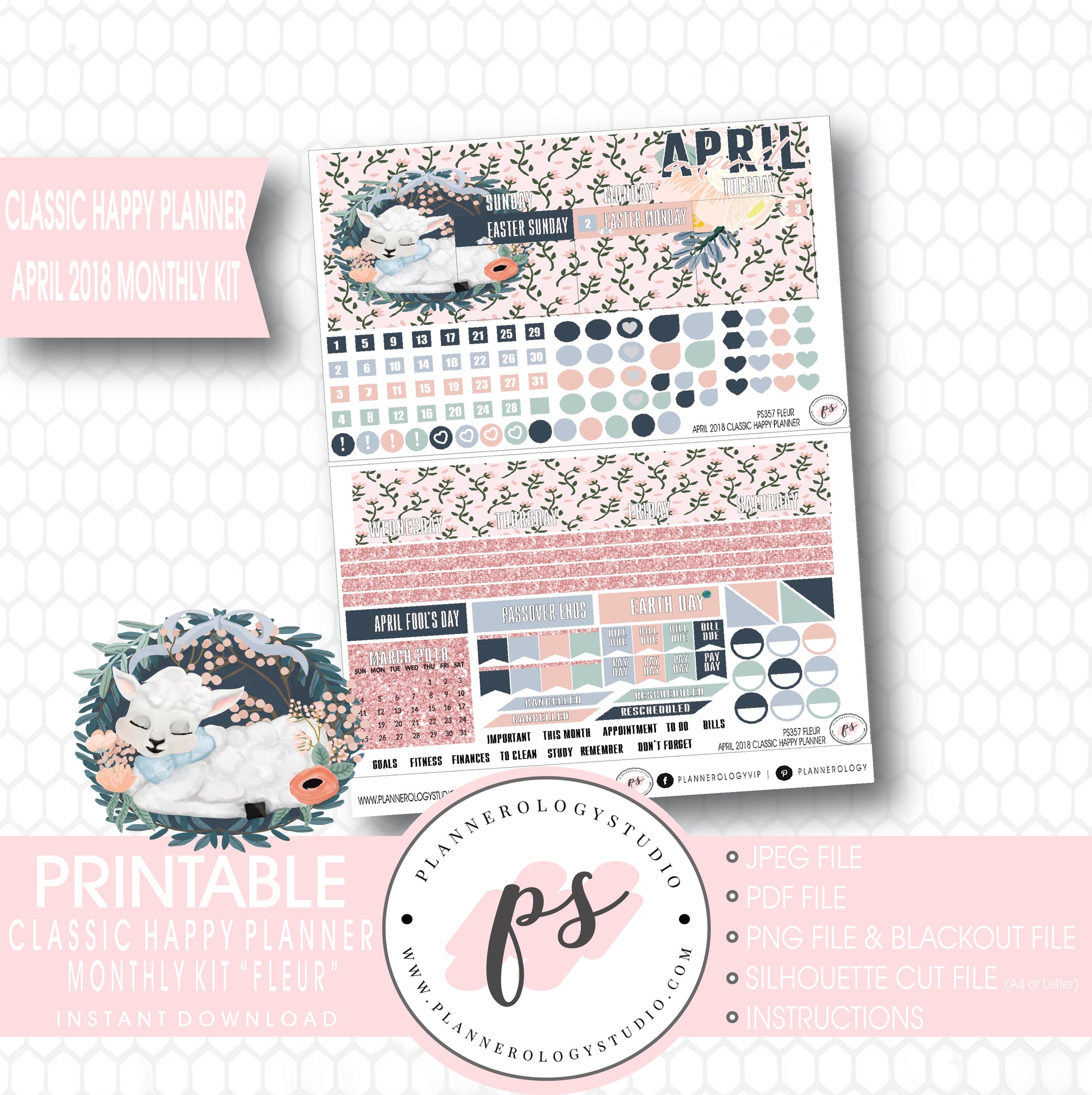 Fleur April Easter 2018 Monthly View Kit Digital Printable Planner Stickers (for use with Classic Happy Planner) - Plannerologystudio