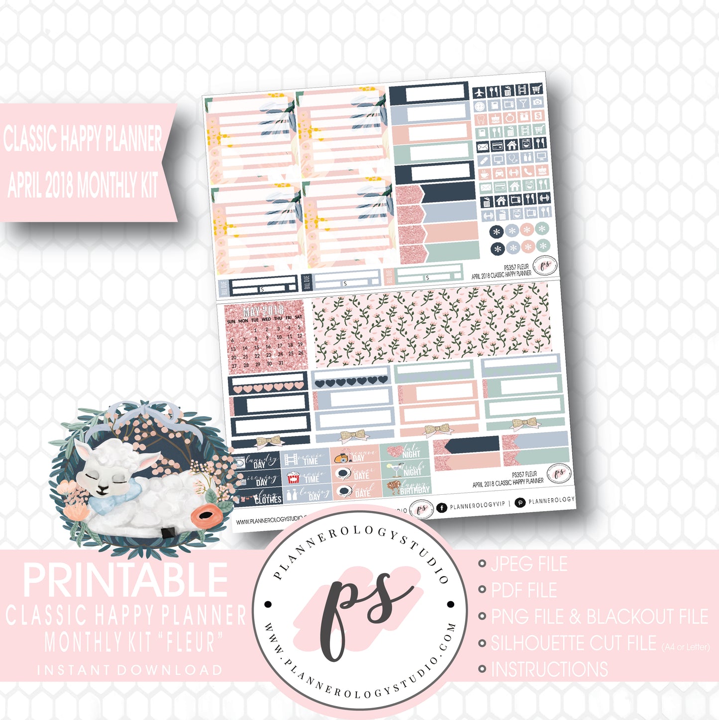Fleur April Easter 2018 Monthly View Kit Digital Printable Planner Stickers (for use with Classic Happy Planner) - Plannerologystudio