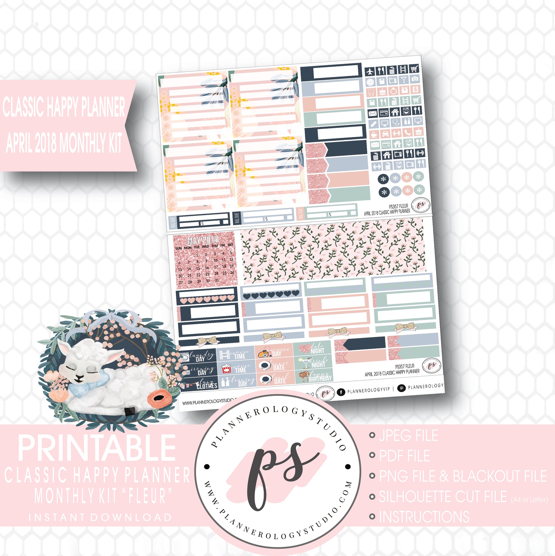 Fleur April Easter 2018 Monthly View Kit Digital Printable Planner Stickers (for use with Classic Happy Planner) - Plannerologystudio