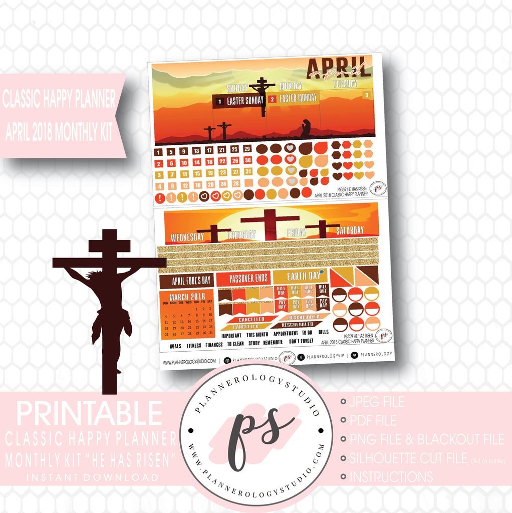 He Has Risen April Easter 2018 Monthly View Kit Digital Printable Planner Stickers (for use with Classic Happy Planner) - Plannerologystudio