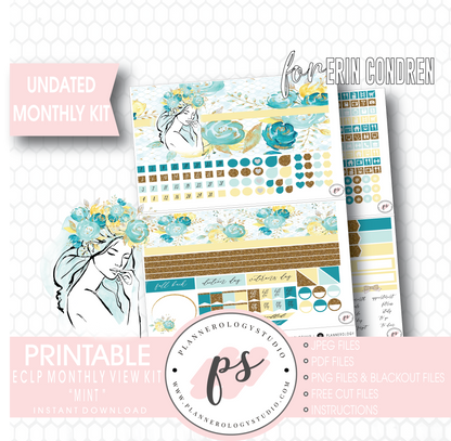 Mint Undated Monthly View Kit Digital Printable Planner Stickers (for Standard A5 Wide Monthly 1.6" Width Date Boxes)
