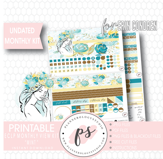 Mint Undated Monthly View Kit Digital Printable Planner Stickers (for Standard A5 Wide Monthly 1.6" Width Date Boxes)