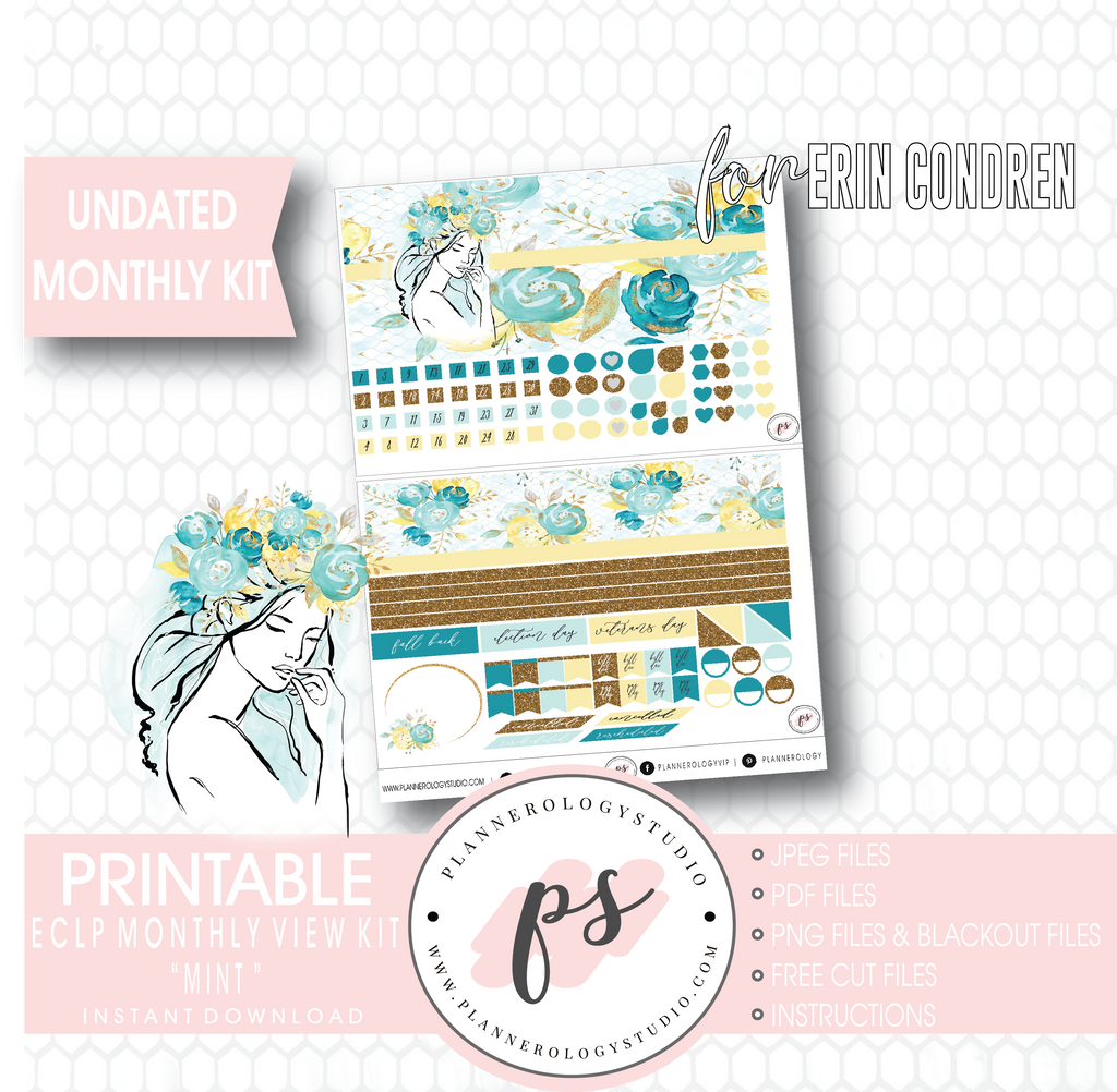 Mint Undated Monthly View Kit Digital Printable Planner Stickers (for Standard A5 Wide Monthly 1.6" Width Date Boxes)