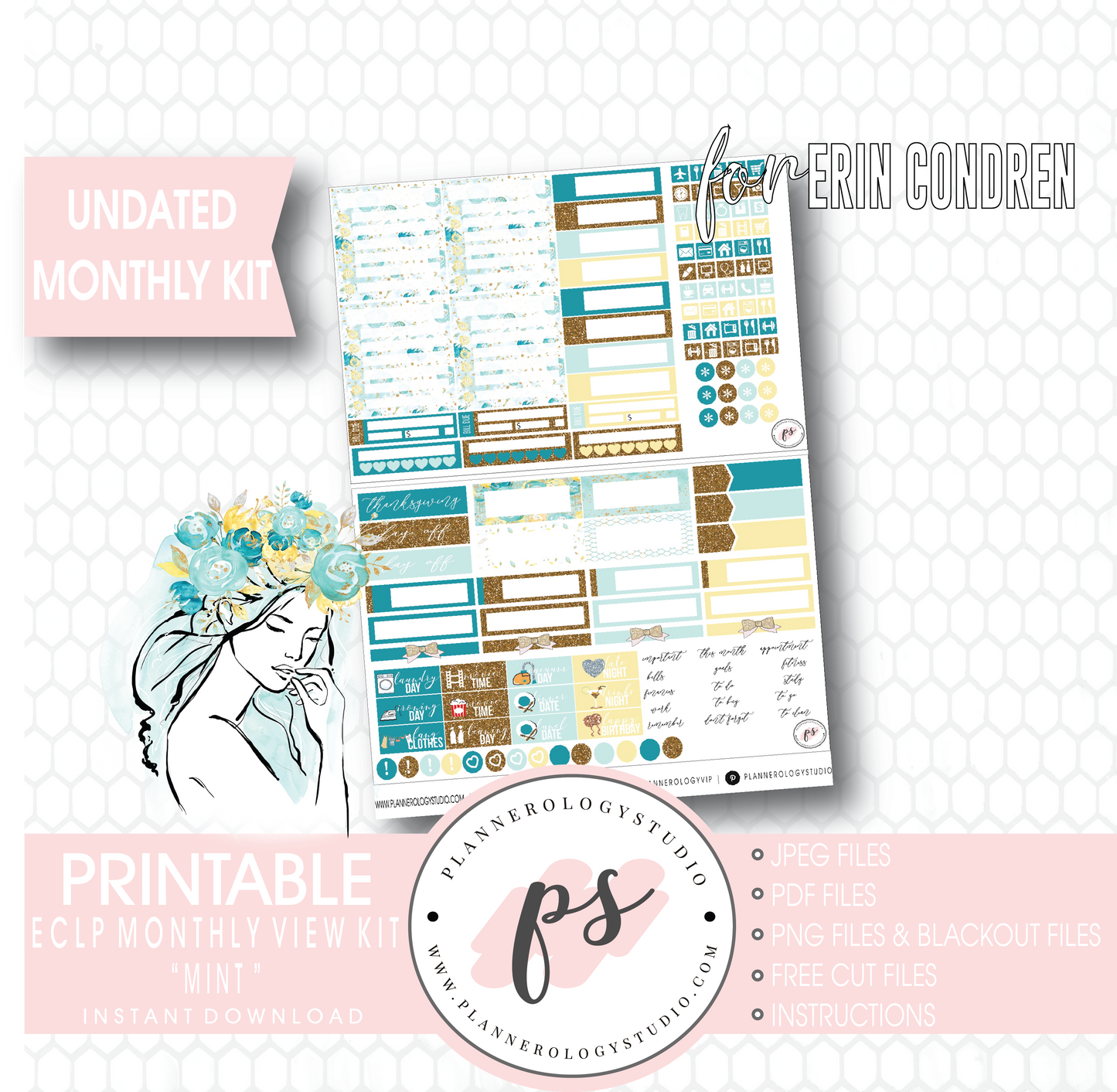 Mint Undated Monthly View Kit Digital Printable Planner Stickers (for Standard A5 Wide Monthly 1.6" Width Date Boxes)