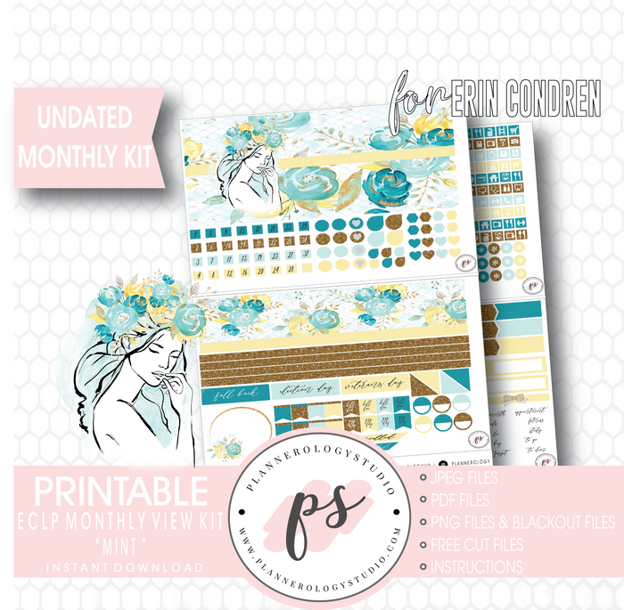 Mint Undated Monthly View Kit Digital Printable Planner Stickers (for Standard A5 Wide Monthly 1.6" Width Date Boxes)