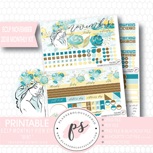 Mint November 2018 Monthly View Kit Digital Printable Planner Stickers (for use with Erin Condren) - Plannerologystudio