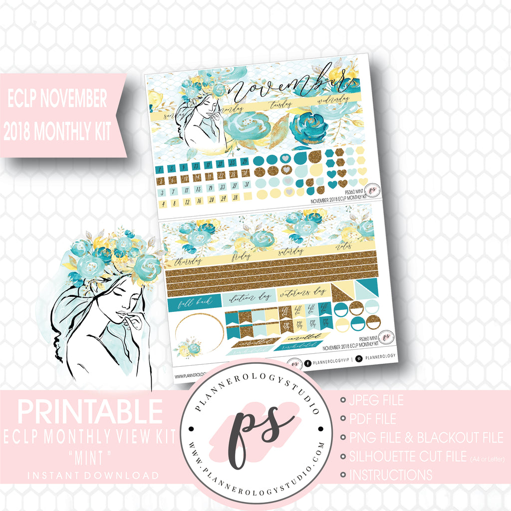 Mint November 2018 Monthly View Kit Digital Printable Planner Stickers (for use with Erin Condren) - Plannerologystudio
