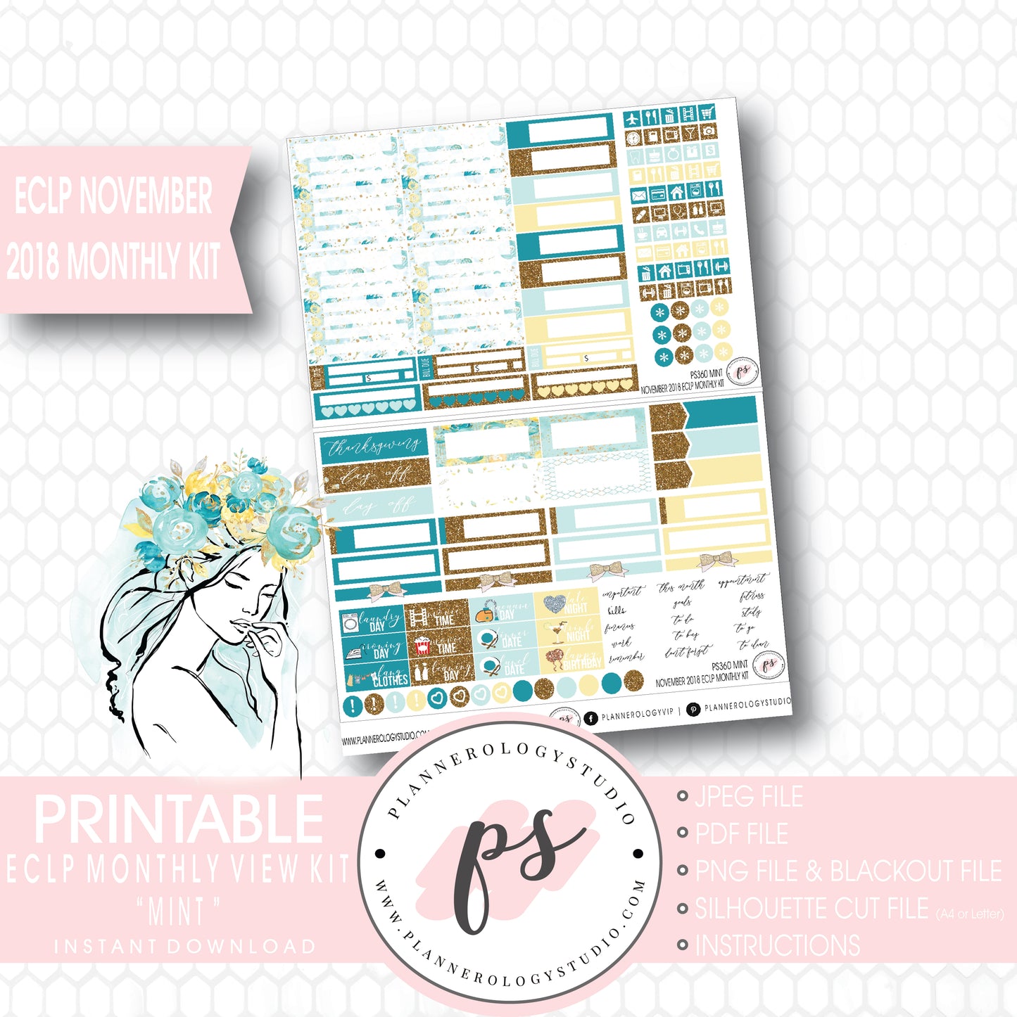 Mint November 2018 Monthly View Kit Digital Printable Planner Stickers (for use with Erin Condren) - Plannerologystudio