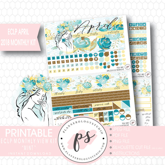 Mint April 2018 Monthly View Kit Digital Printable Planner Stickers (for use with Erin Condren) - Plannerologystudio