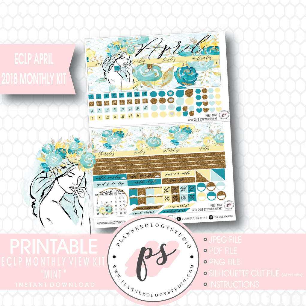 Mint April 2018 Monthly View Kit Digital Printable Planner Stickers (for use with Erin Condren) - Plannerologystudio