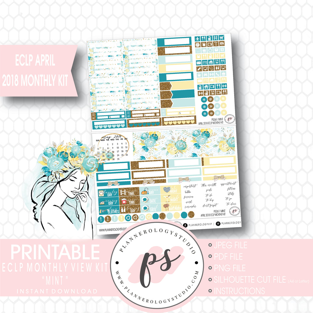 Mint April 2018 Monthly View Kit Digital Printable Planner Stickers (for use with Erin Condren) - Plannerologystudio