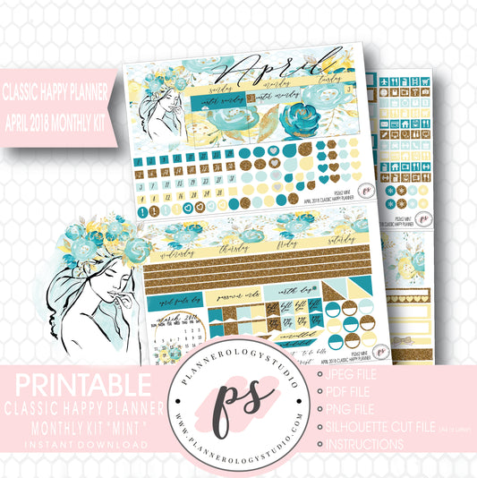 Mint April 2018 Monthly View Kit Digital Printable Planner Stickers (for use with Classic Happy Planner) - Plannerologystudio